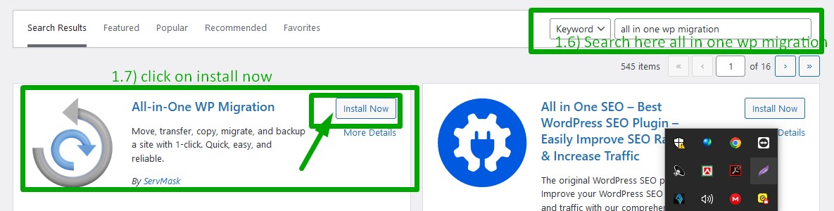 search and install all in one wp migration